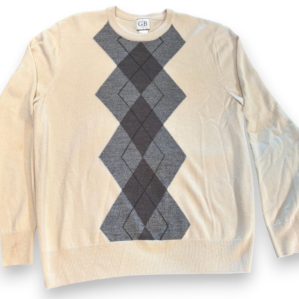 Geoffrey Beene Mens Argyle Crew Neck Sweater Cream Grey Size M Long Sleeve